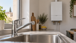 Rubinetto monocomando chiuso in cucina con caldaia a parete sullo sfondo