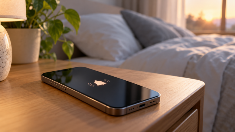 Smartphone sul comodino in legno con simbolo della sveglia sullo schermo, illuminato dalla luce del mattino.